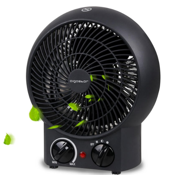 Ventoinha portátil preta com botões de controlo e folhas verdes a esvoaçar