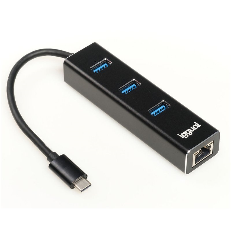 Adaptador USB tipo C preto com três portas USB azuis e uma porta Ethernet