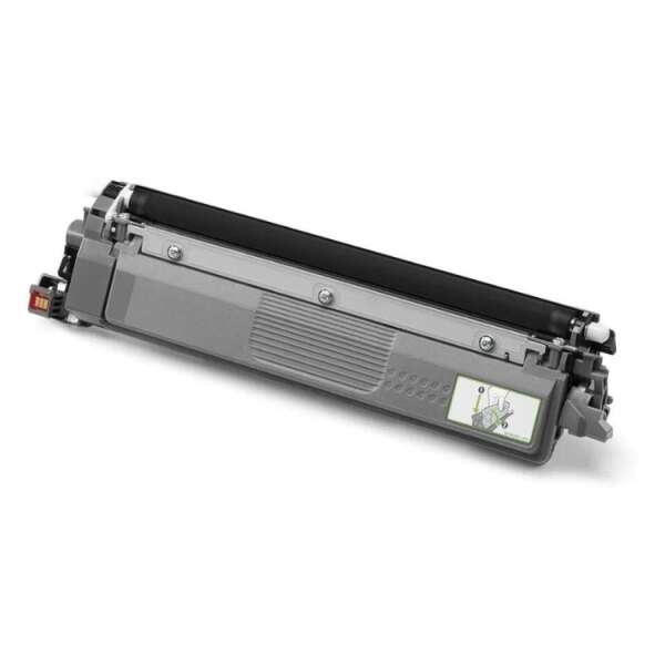 Cartucho de toner cinzento para impressora com etiqueta ilustrativa.