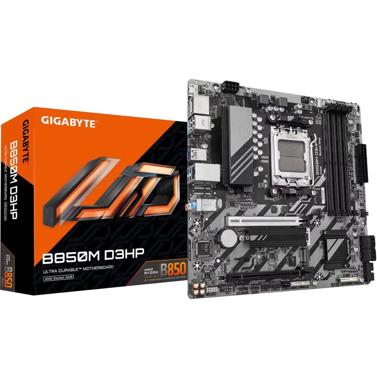 Placa-mãe Gigabyte B85M D3HP com caixa laranja e preto