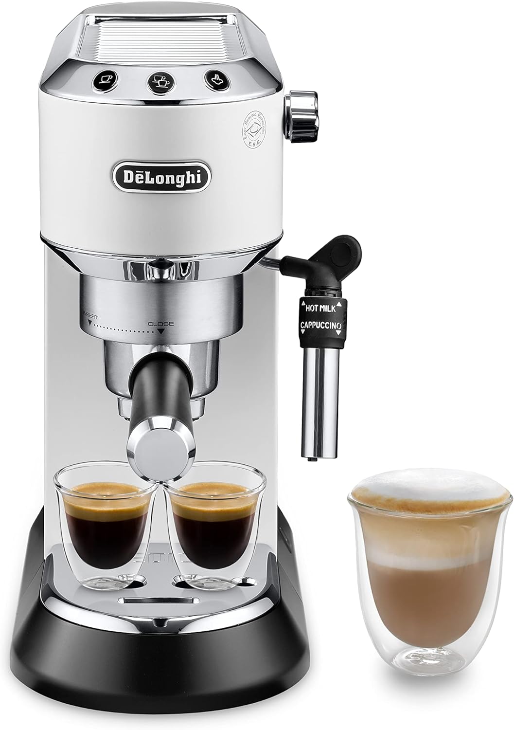 Máquina de café expresso DeLonghi branca com copos de café e cappuccino