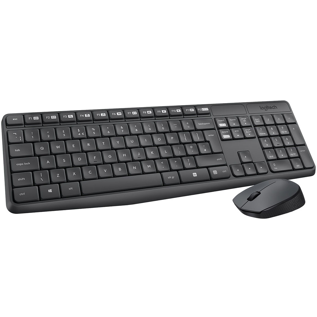 Teclado preto Logitech com rato preto sobre fundo branco
