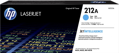 Cartucho toner HP LaserJet 212A ciano em embalagem preta e azul