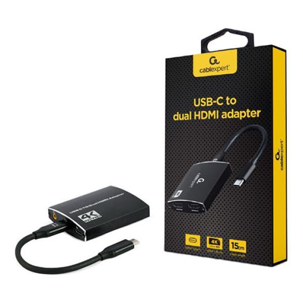 Adaptador USB-C para dual HDMI preto com cabo de 15 cm e embalagem preta e amarela