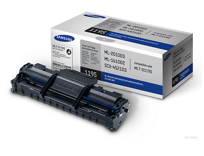 Cartucho de toner Samsung MLT-D119S e sua embalagem para impressora