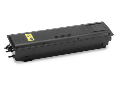Toner preto para impressora com etiqueta amarela e texto de aviso.