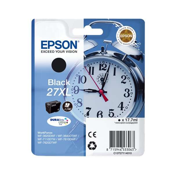 Embala tinta preta Epson 27XL para impressora com imagem de relógio.