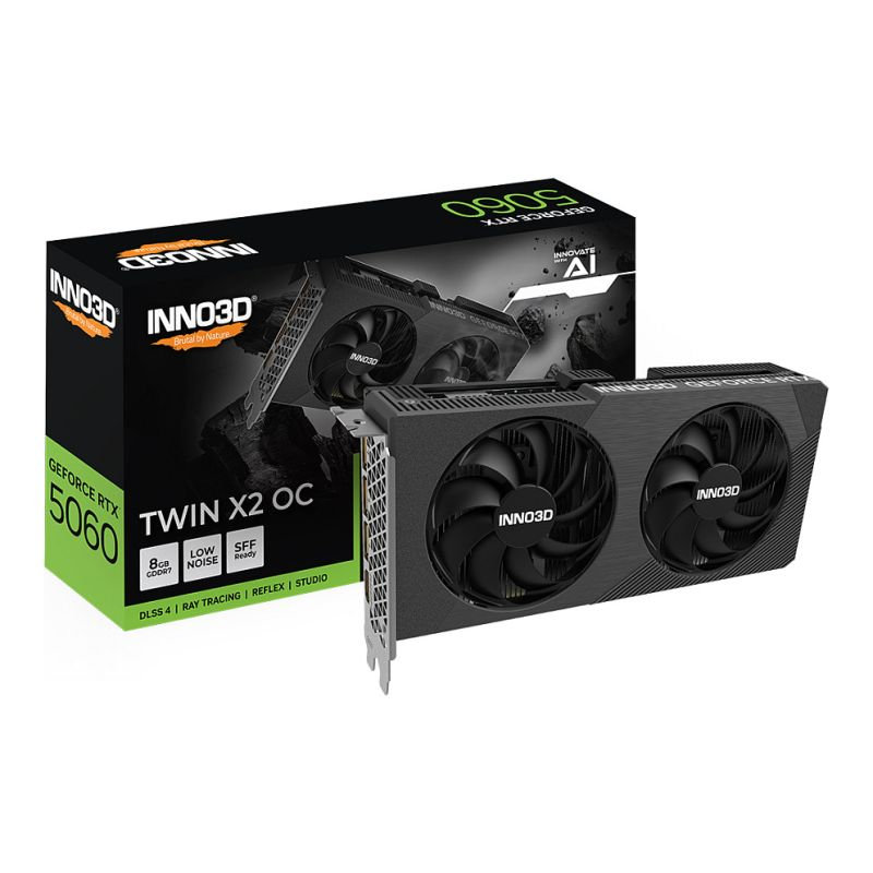 Placa gráfica INNO3D GeForce RTX 5060 Twin X2 OC preta com duas ventoinhas e caixa preta e verde