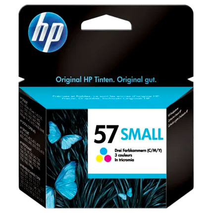 Embalagem de tinta HP Original 57 SMALL com borboletas azuis e texto