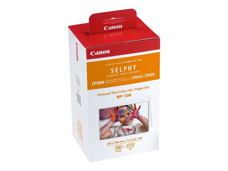 Embalagem Canon SELPHY conjunto tinta colorida e papel tamanho postal para impressora fotográfica compacta.