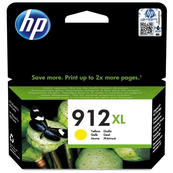 Embalagem de tinta HP 912 XL amarela com borboleta e texto multilingue