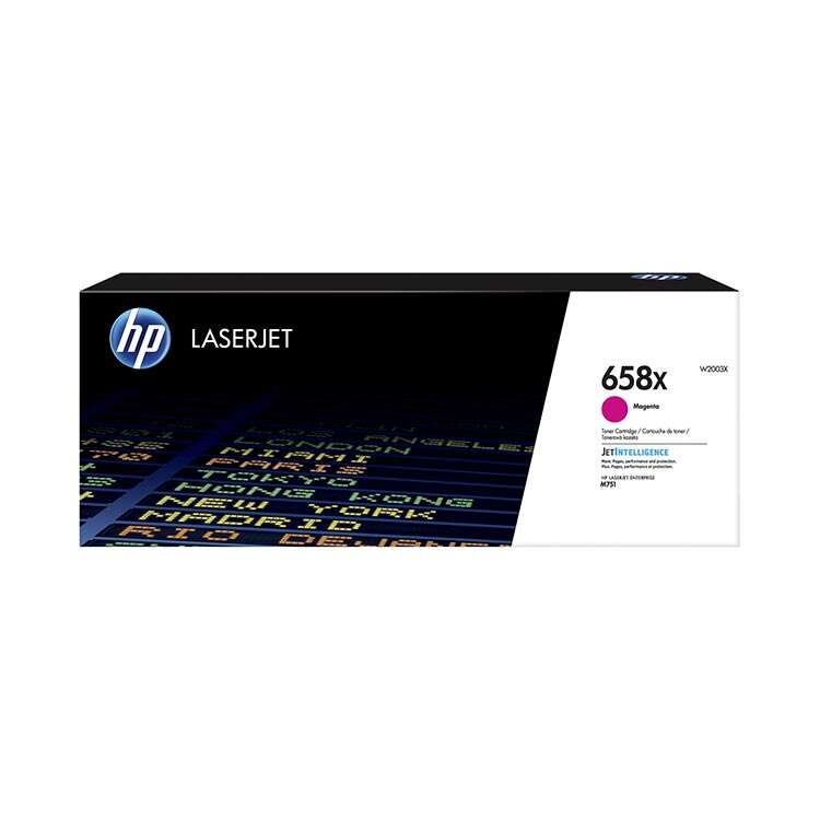 Caixa de toner HP LaserJet 658x Magenta com design preto e branco