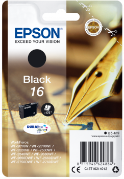 Embalagem de tinteiro preto Epson 16 para impressoras com caneta-tinteiro dourada na imagem
