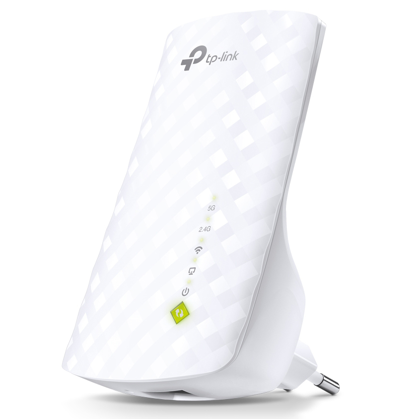 Repetidor Wi-Fi TP-Link branco com indicadores LED e textura geométrica