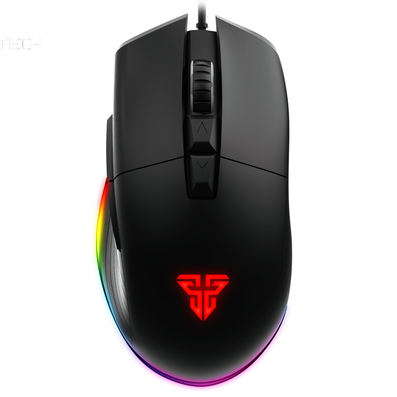 Rato gaming preto com iluminação RGB e botões de ajuste