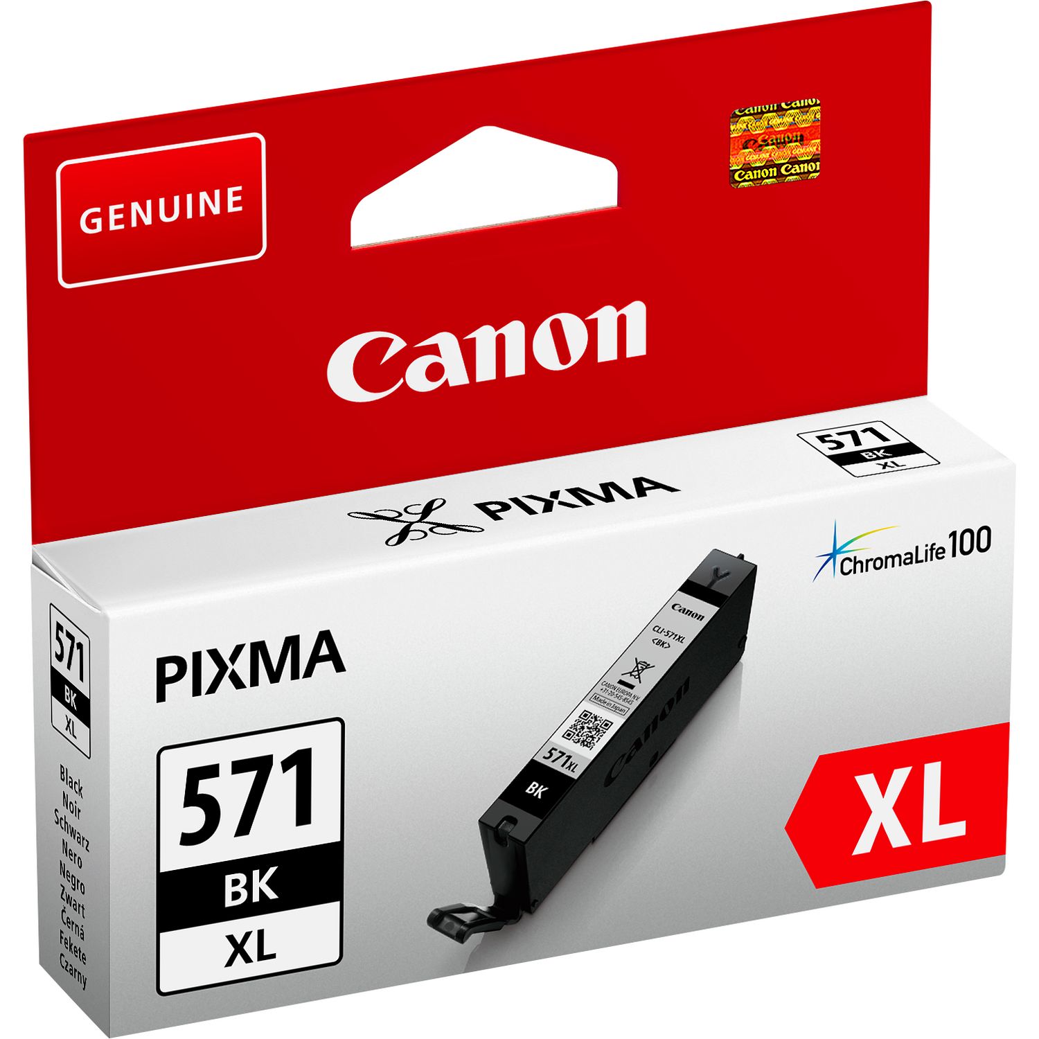 Caixa de tinta Canon PIXMA 571 BK XL preta em embalagem vermelha e branca