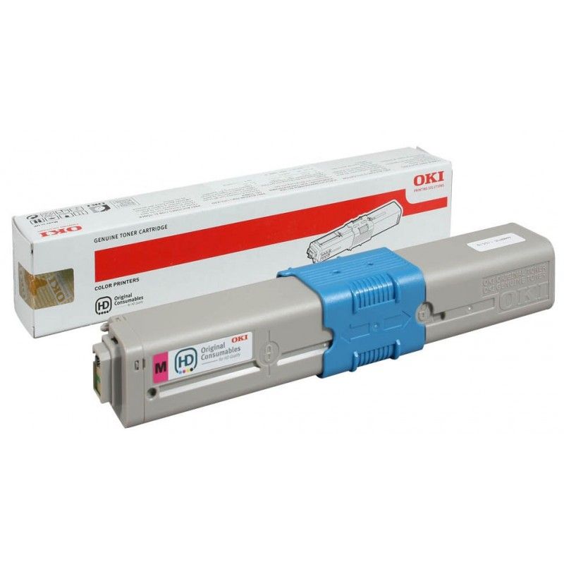 Cartucho de toner OKI magenta com embalagem branca e detalhes vermelhos