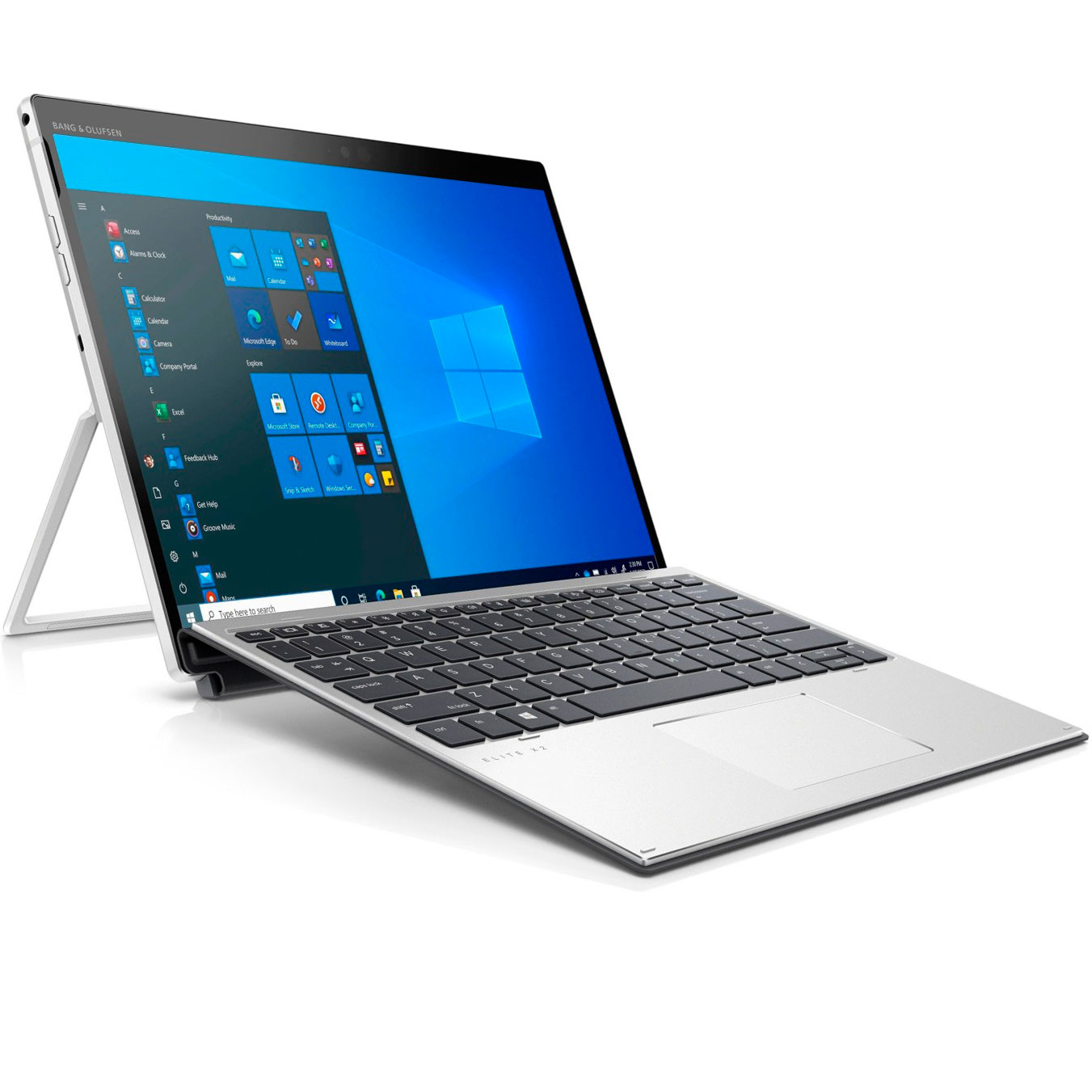 Computador portátil prateado com teclado preto e ecrã Windows com suporte