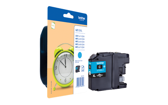 Cartucho de tinta Brother LC125LC azul e embalagem com imagem de relógio verde