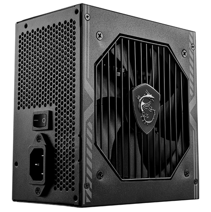 Fonte de alimentação eletrónica preta com ventoinha e símbolo de dragão em escudo