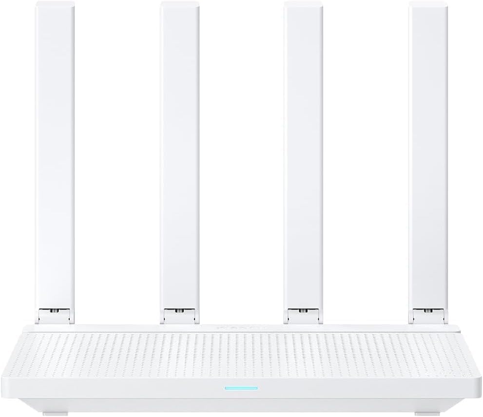 Router sem fios branco com quatro antenas verticais e luz azul