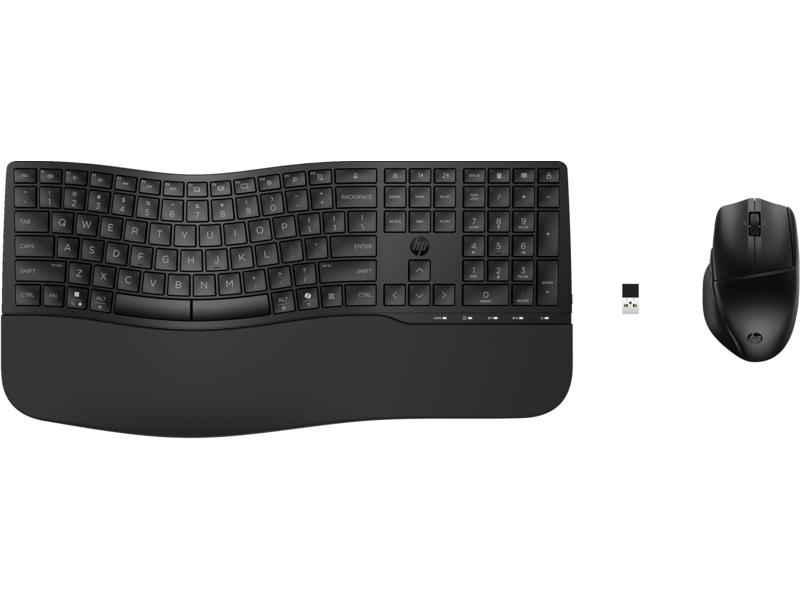 Teclado ergonómico preto com apoio de pulso e rato wireless preto com dongle USB.