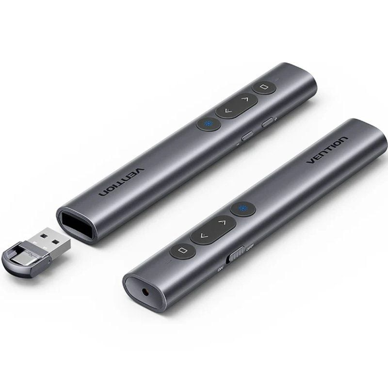 Apontadores laser cinzentos com entrada USB e botões pretos