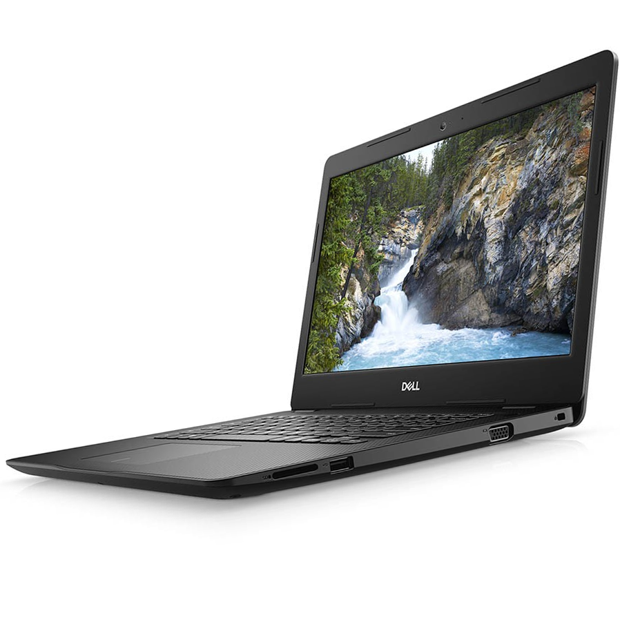 Computador portátil preto Dell com ecrã a mostrar imagem de cascata