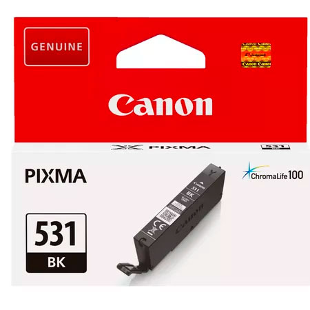 Cartucho de tinta preto Canon PIXMA 531 BK na embalagem vermelha e branca