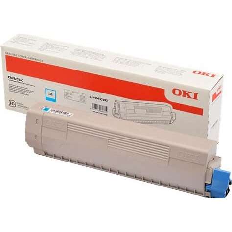 Cartucho de toner OKI cinzento com componente azul junto a caixa branca com faixa vermelha