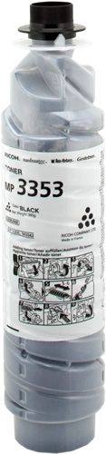 Frasco de toner Ricoh MP 3353 preto com tampa preta e rótulo branco.