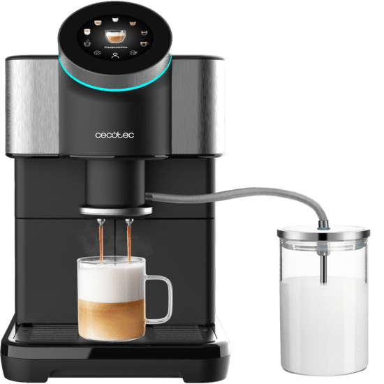 Máquina de café Cecotec preta com jarro de leite