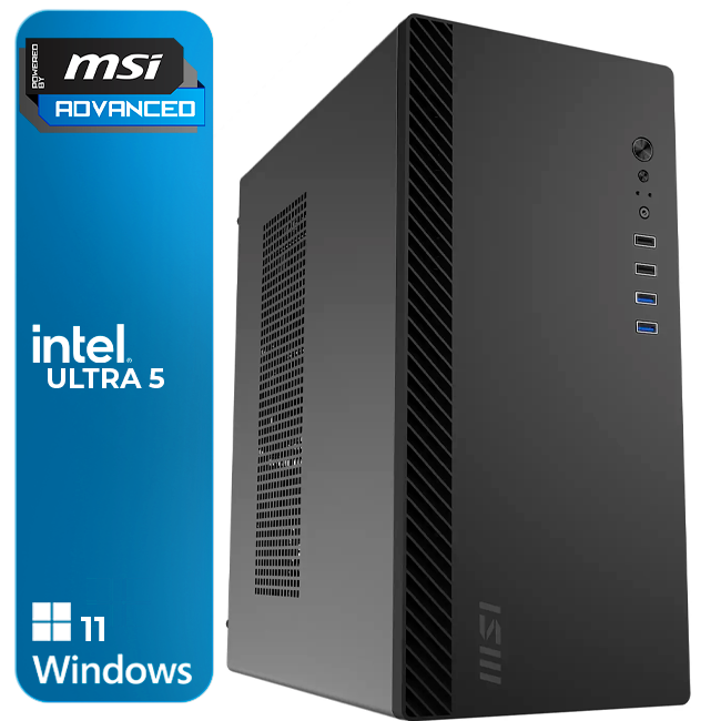 Computador desktop preto MSI com selo azul Intel Ultra 5 Windows 11.