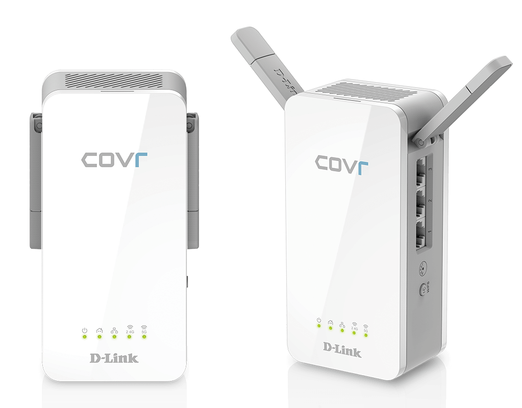 Dois repetidores Wi-Fi D-Link Covr brancos com antenas cinzentas e luzes LED verdes