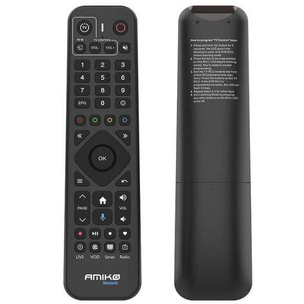 Comando remoto preto AMIKO com botões variados e instruções na parte traseira