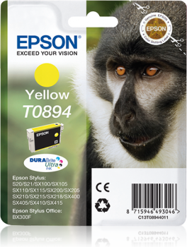 Embalagem de tinta Epson amarela T0894 com imagem de macaco