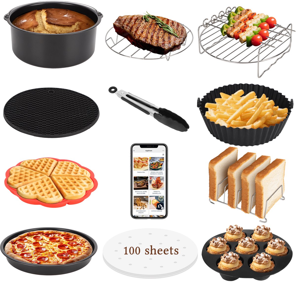 Conjunto diversificado de utensílios de cozinha com alimentos variados.