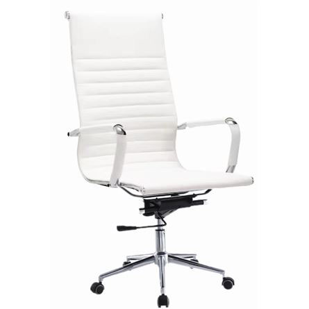 Cadeira de escritório branca com estofos riscado e base cromada com rodas