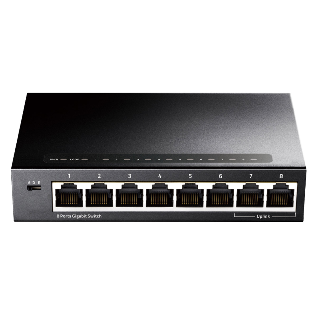 Interruptor de rede preto com 8 portas gigabit numeradas