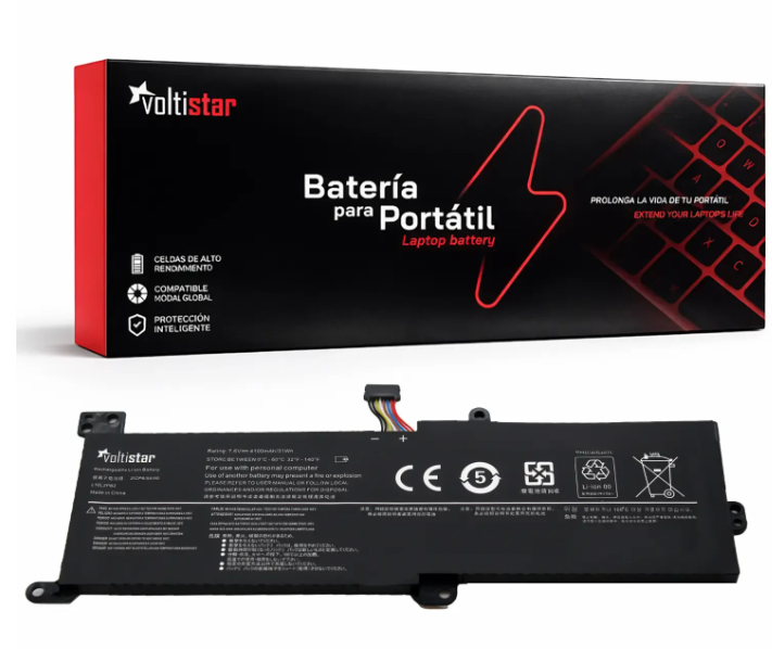 Bateria para portátil VoltiStar preta com conector multicoloridos e embalagem preta e vermelha