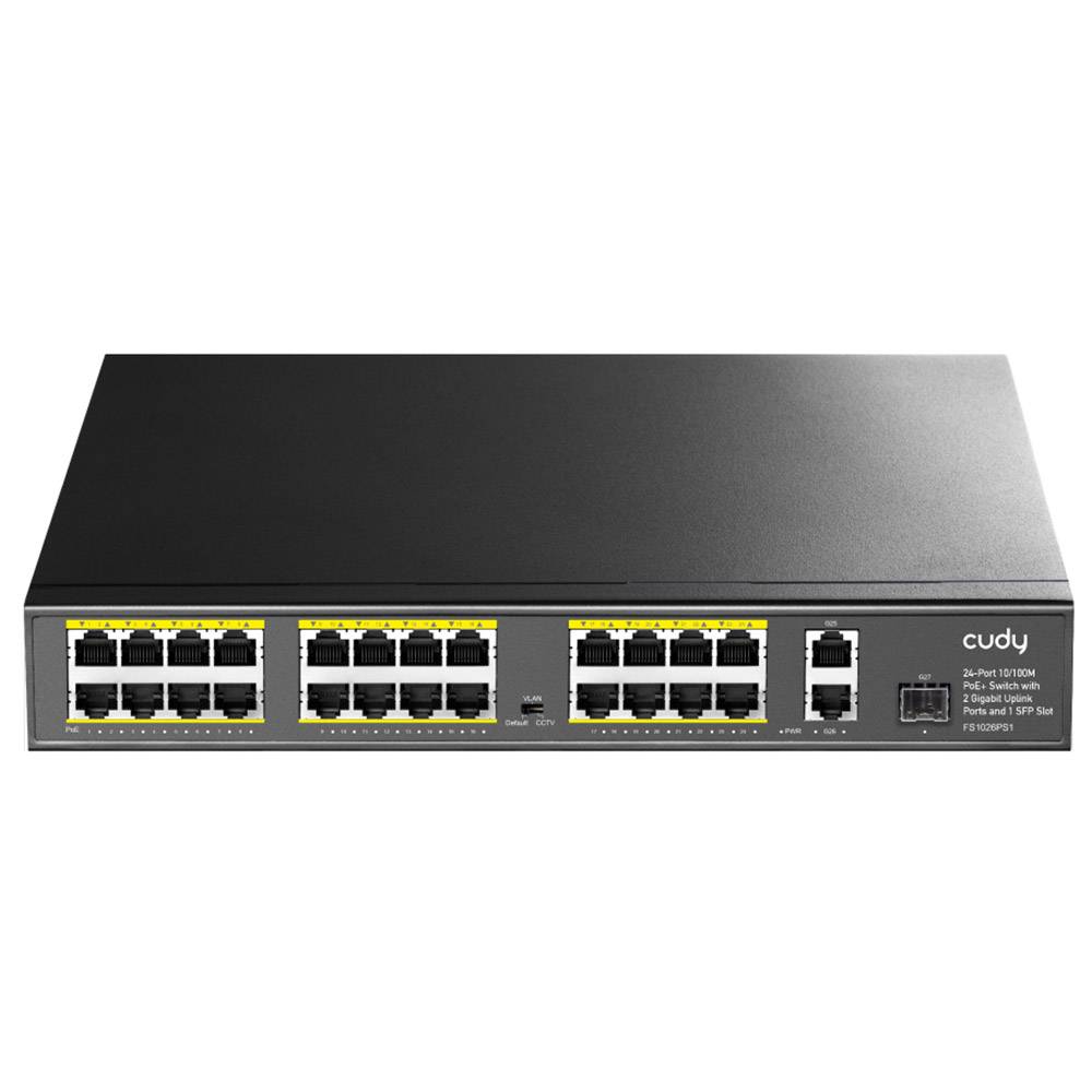 Switch de rede preto Cudy com 24 portas Ethernet e texto branco lateral
