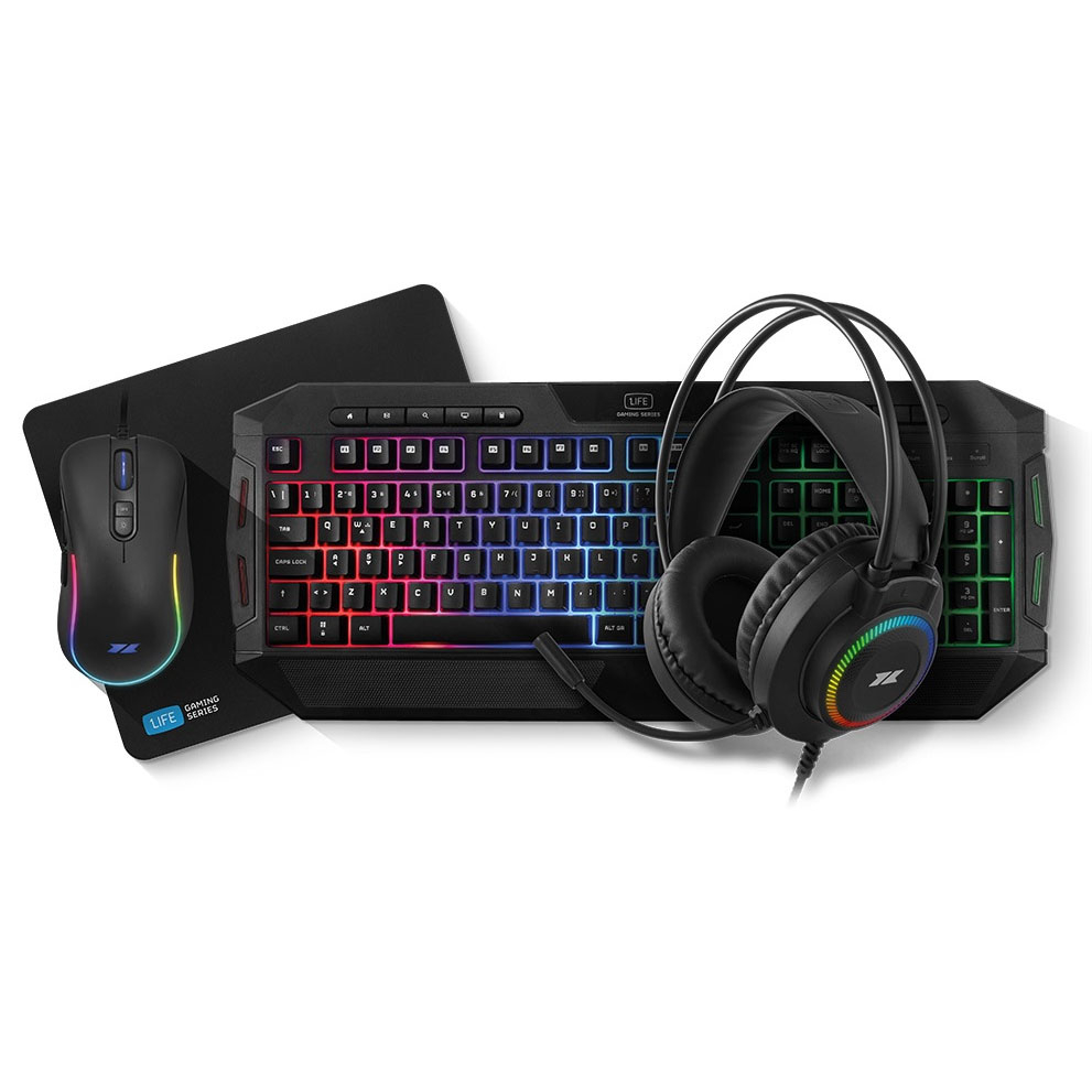 teclado, rato, tapete e headphones gaming pretos com iluminação RGB