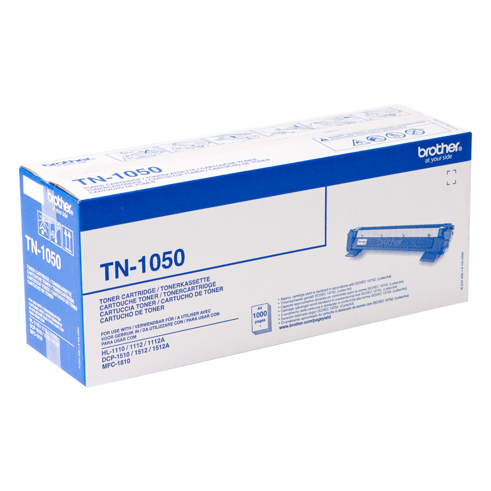 Caixa de cartucho de toner Brother TN-1050 azul e branca