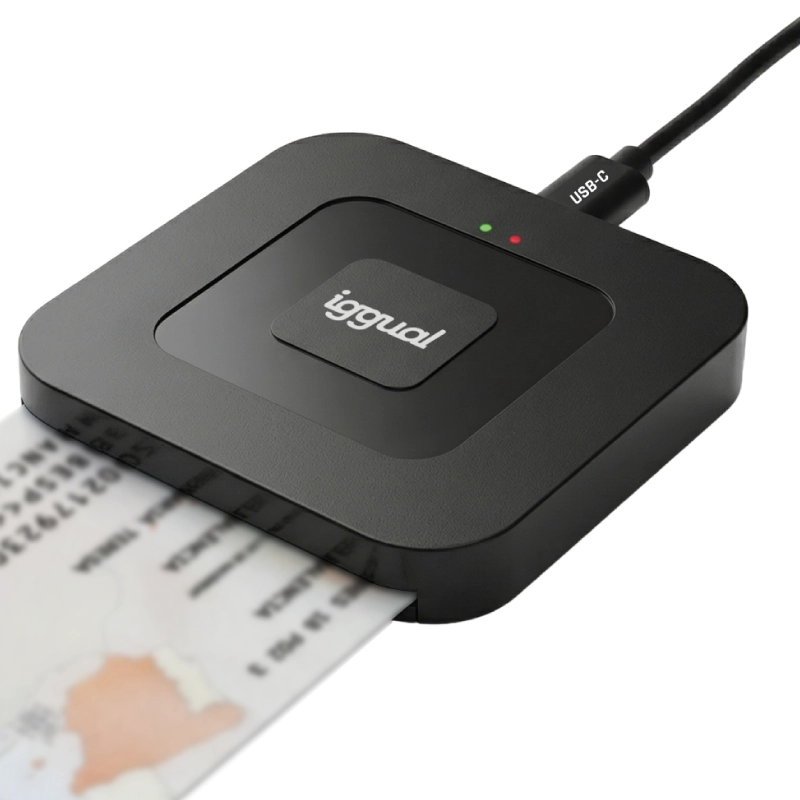 Leitor de documentos preto com logotipo iggual e entrada USB-C