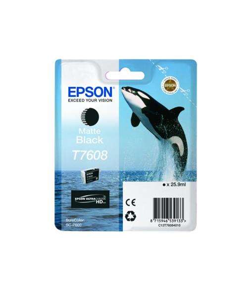 Embalagem cartucho tinta Epson Matte Black T7608 com orca a saltar