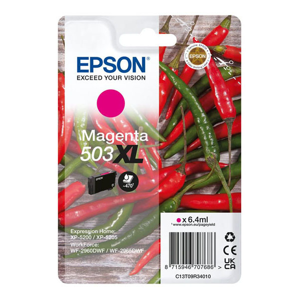 Embalaço de tinta Epson Magenta 503XL com pimentos vermelhos e verdes ao fundo