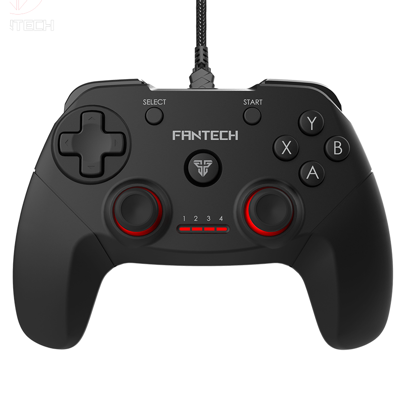 Comando de videojogos preto com botões e sticks analógicos com detalhes vermelhos