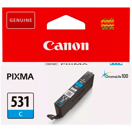 Cartucho tinta Canon PIXMA 531 azul em embalagem vermelha e branca