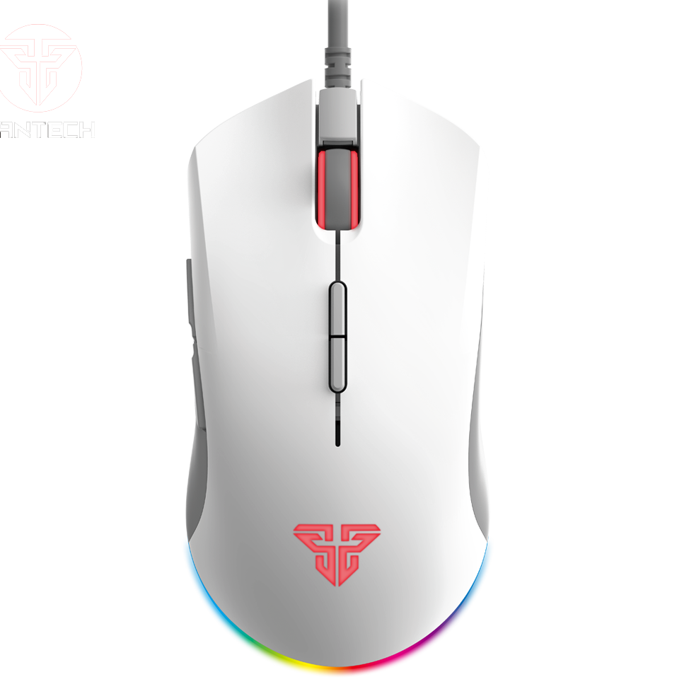 Rato de computador branco com luzes LED vermelhas e iluminação RGB base.