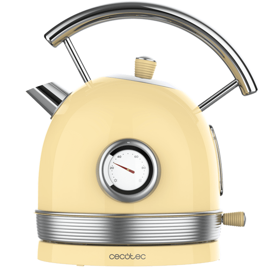 Chaleira elétrica amarelo creme com termómetro circular e pega em metal cromado